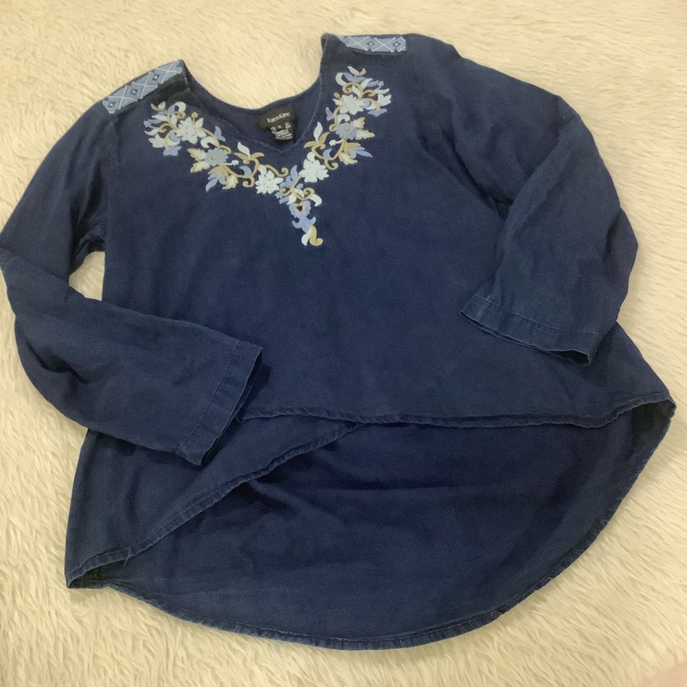 Karen Kane women’s Denim blue floral embroidered boho summer top size xl